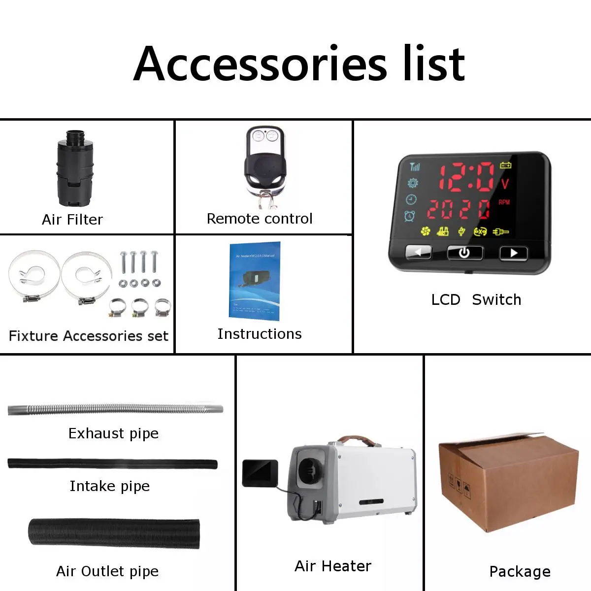 

12V 2KW Car Heating Tool Diesel Air Heater Single Hole LCD Monitor Parking Warmer For Car Bus Boat RV,motorhome,truck trailer