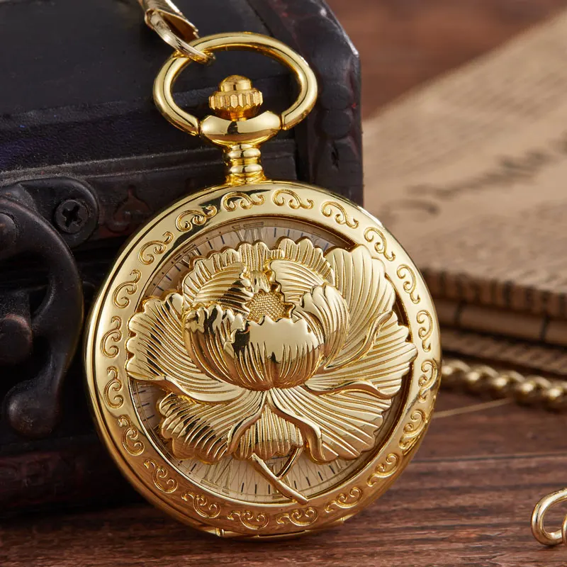 

New Arrival Luxury Golden Lotus Flower Steampunk Pocket WatchMechanical Pocket Watch Pendant Necklace Chain reloj de bolsillo