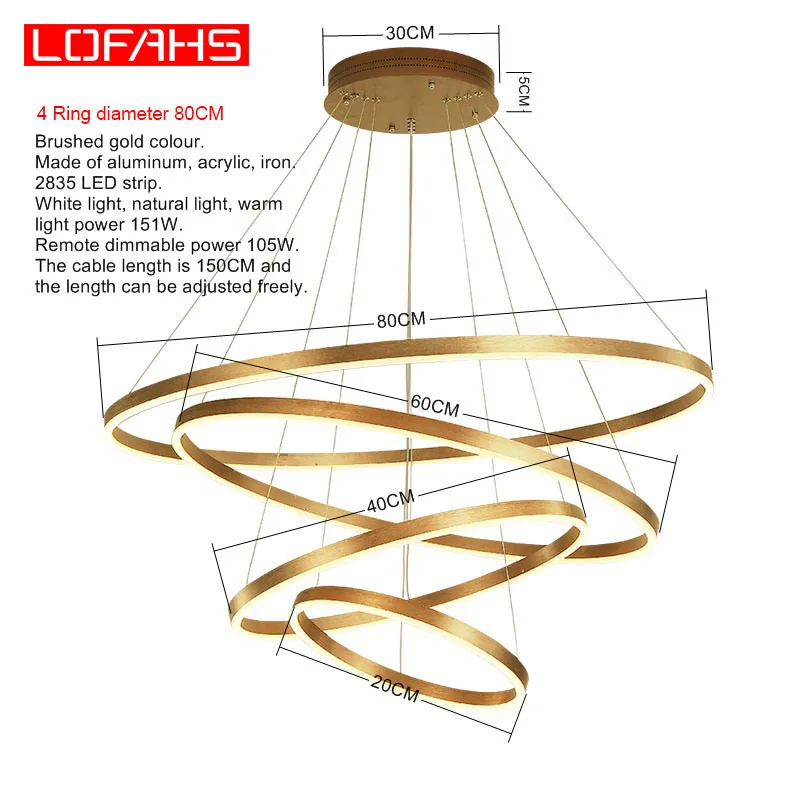 Gold 4 Ring D80CM LOFAHS, современный светодиодный светильник для гостиной, столовой, фойе, купольная, кухонная, алюминиевое кольцо, подвесная люстра, освещение - Цвет абажура: Gold 4 Ring D80CM