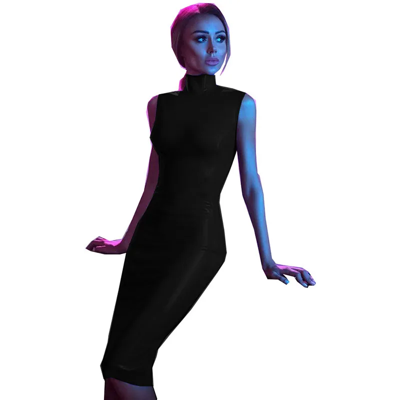 Женское глянцевое Платье До Колена без рукавов с высокой горловиной и бедрами