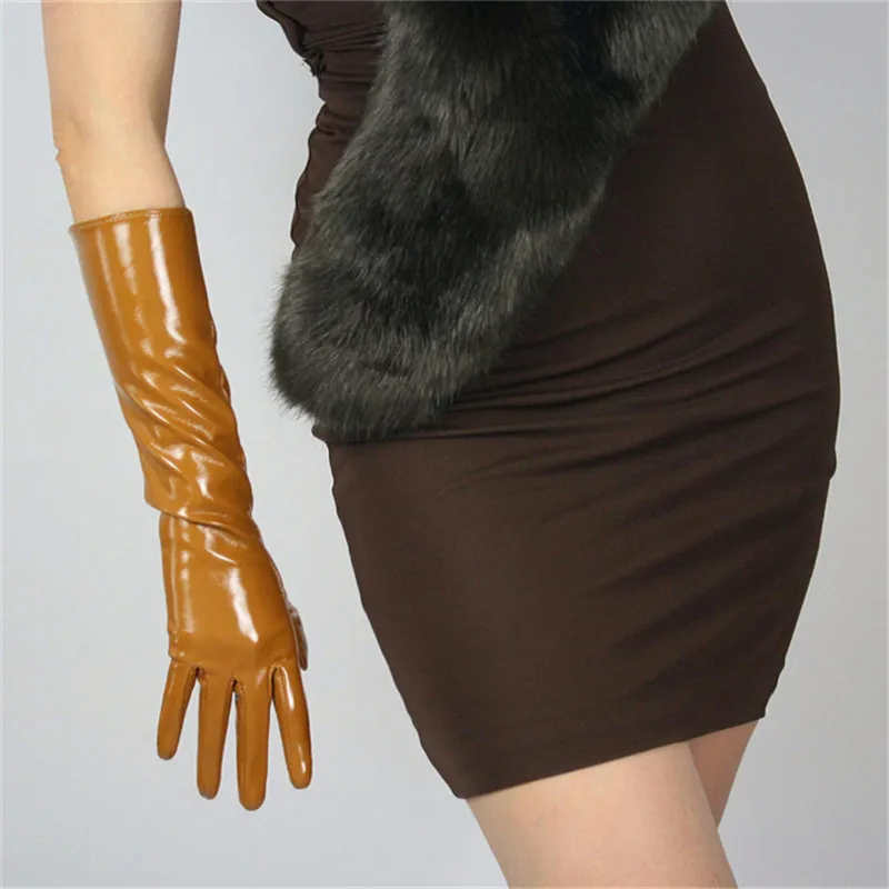 

40cm Patent Leather Gloves Long Section PU Emulation Leather Warm Bright Leather Bright Camel Caramel Coffee Dark Brown PU47-40