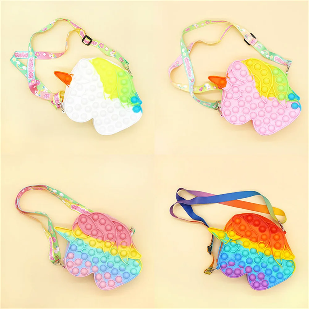 

Fashion fidget toys push bubbles toy rainbow unicorn coin purse wallet ladies bag silica simple dimple crossbody bags for girls
