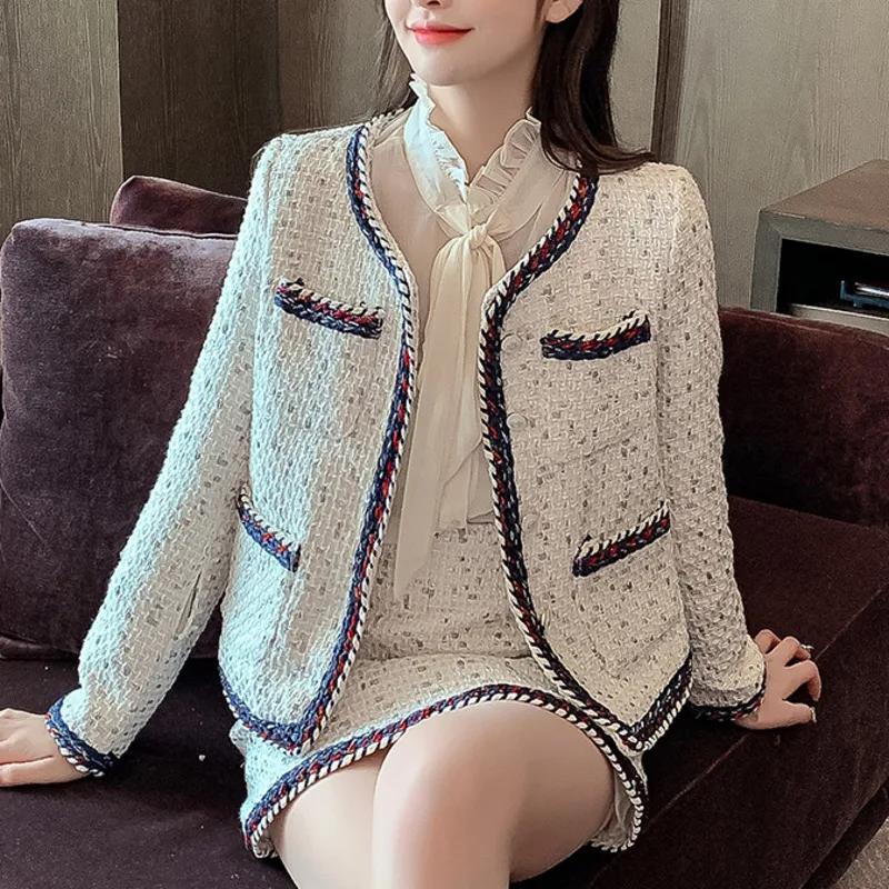 

High Quality Autumn Winter Woolen 2 Piece Set Women Fashion Elegant Slim Tweed Jacket Coat + Skirt Shirt Suits Ensemble Femme