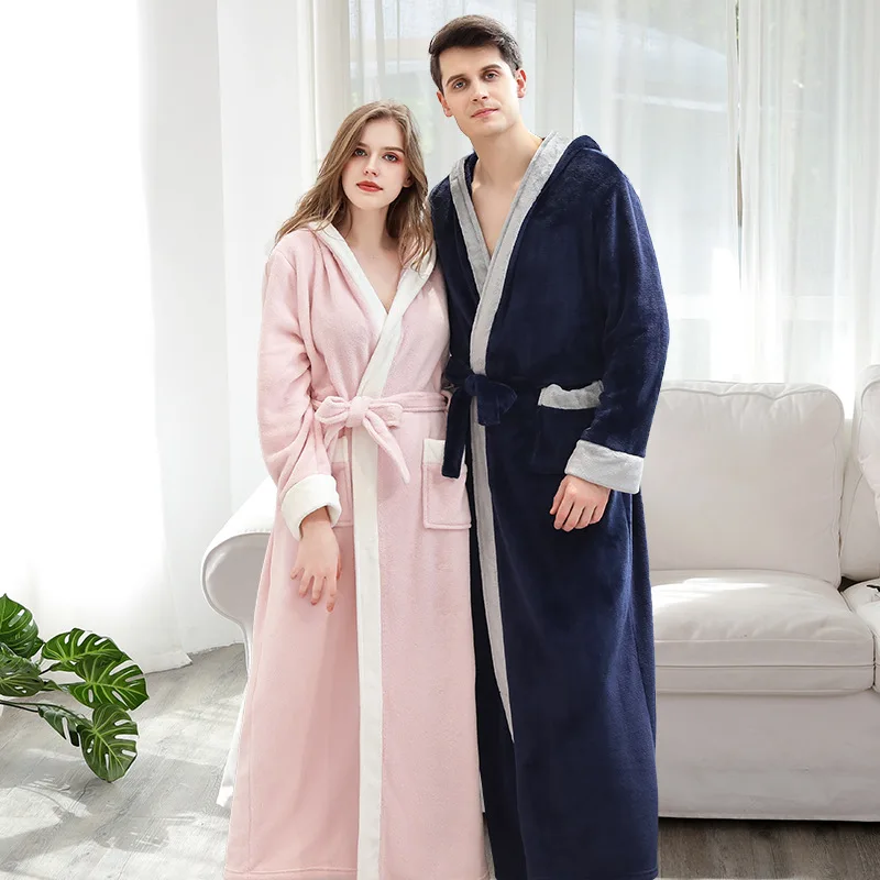 

172 Couples Coral Fleece Robe Girls Warm Flannel Pajamas Women Thicken Long Sleeve Hooded Kimono Sleepwear Bathrobe Men Homewear