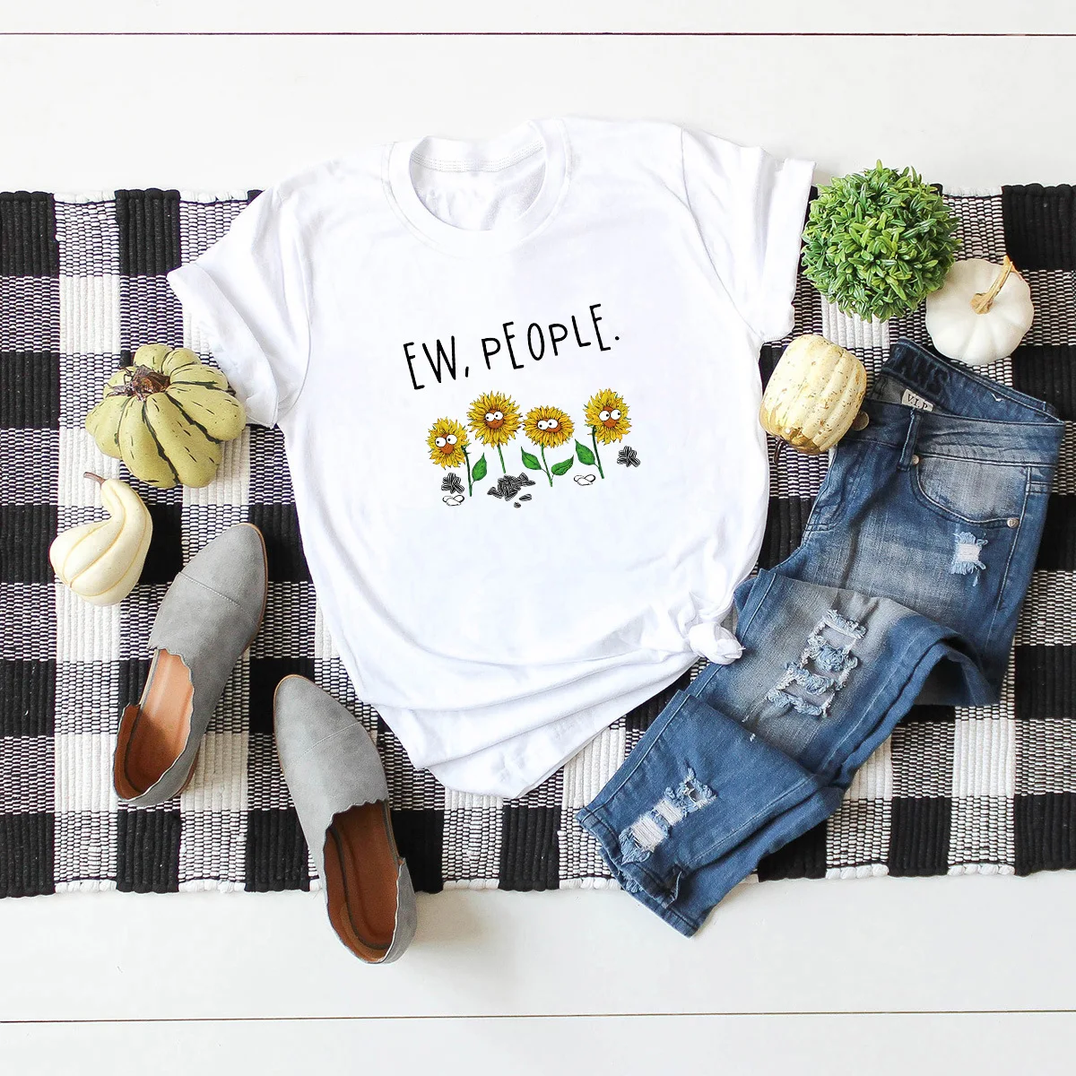 

Sunflower Print Basic Cotton Tees Ew People Letter Women T Shirts Harajuku Casual Tops Ladies Streetwear Oversize Floral T-shirt