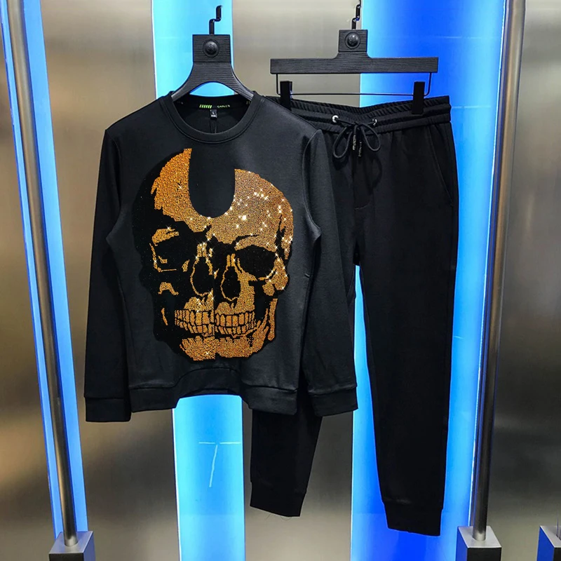 

Male Trendy Hot Diamond Shiny Skull Streetwear Men's Sets Tracksuit Warmth Thick Couple Sweatshirt Oversized Hoodie + Pants