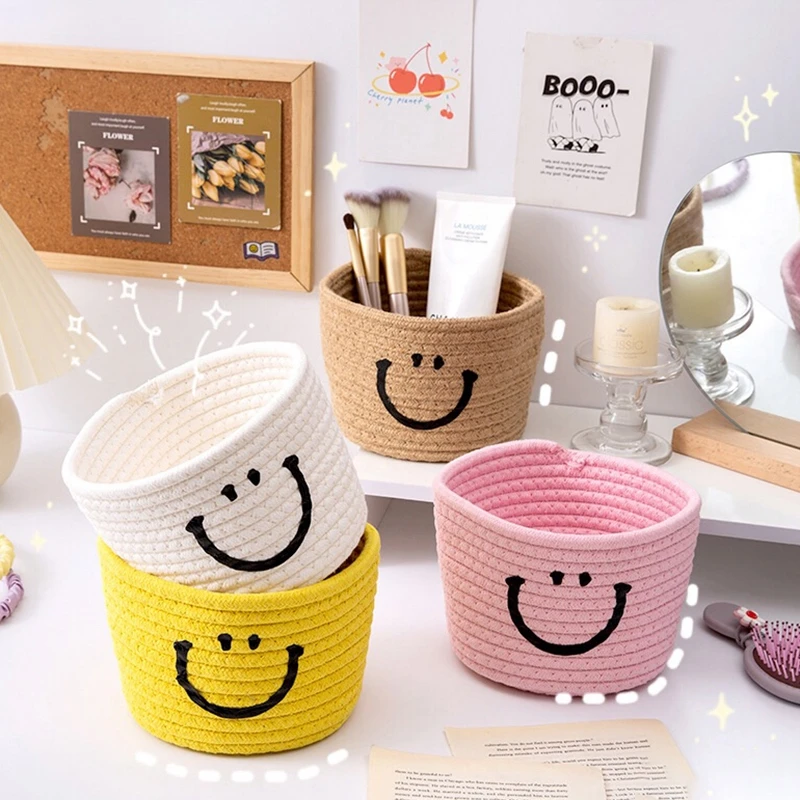 

Kawaii Smiley Storage Box Simple DesktopCotton Rope Woven Storage Basket Cosmetic Jewelry Organizer Sundries Baskets Home Decor