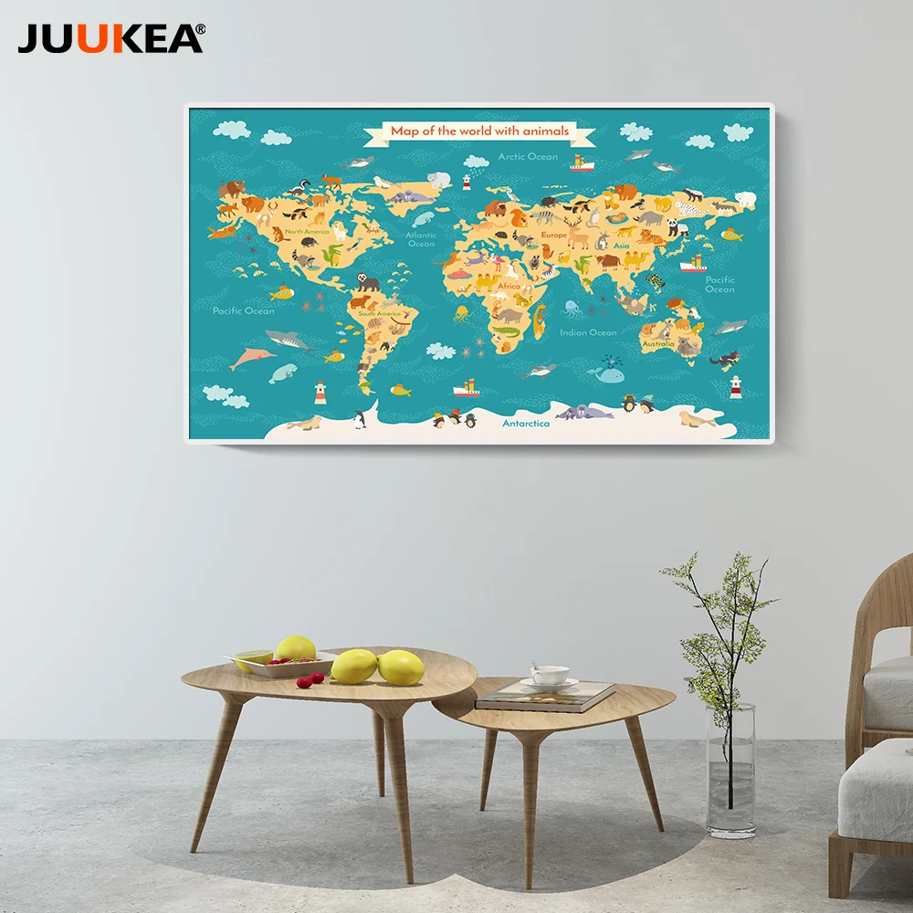 Детская кавайная мультяшная карта мира с животными холст печать Постер