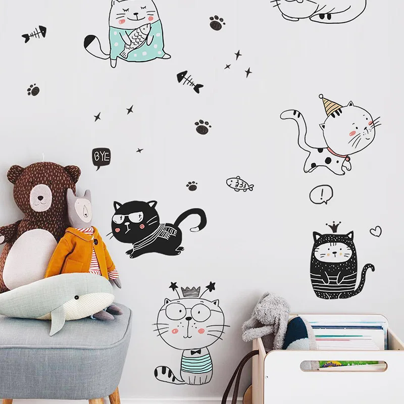 

Cartoon Naughty Kitty Wall Sticker Children's Bedroom Entrance Wall Beautification Decorative Self-Sticking PVC Wall Paper
