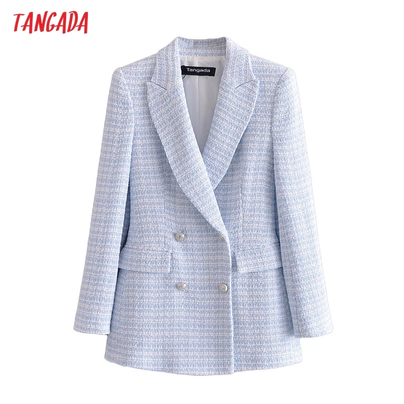 

Tangada Women 2021 Fashion Blue White Plaid Tweed Blazer Coat Vintage Double Breasted Female Office Lady Chic Tops 3H91