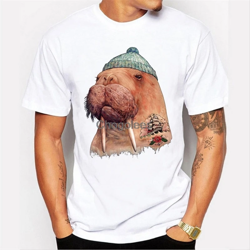 Летняя модная мужская новая футболка с милым мультяшным принтом Морса белая