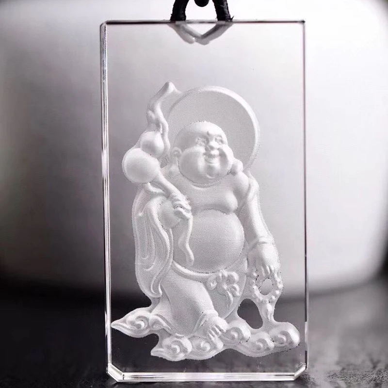 

Fine White Natural Crystal Pendant Hand Carved Laughing Buddha Pendant Sweater Chain Necklace Lucky for Women Men Cuboid Jewelry