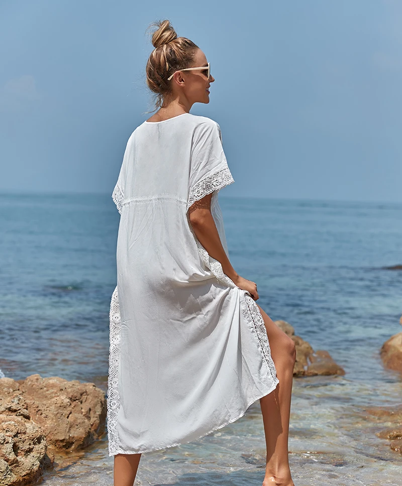 

Cotton White Swim suit Cover up Beach Robe Kaftans Tunic Pareo Beach Lace Bikini Cover ups Pareos de Playa Mujer Swimwear