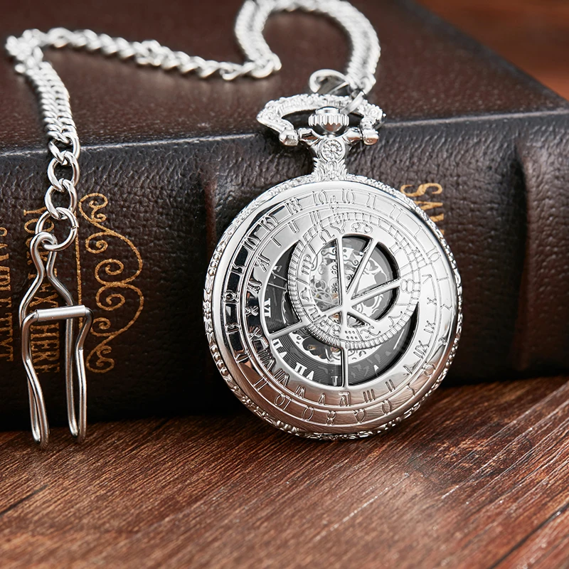 Roman Numeral Doctor Clip Mechanical Pocket Watch Sliver Engrave Skeleton Dial Male Fob Chain Clock for Men Women Dropshipping