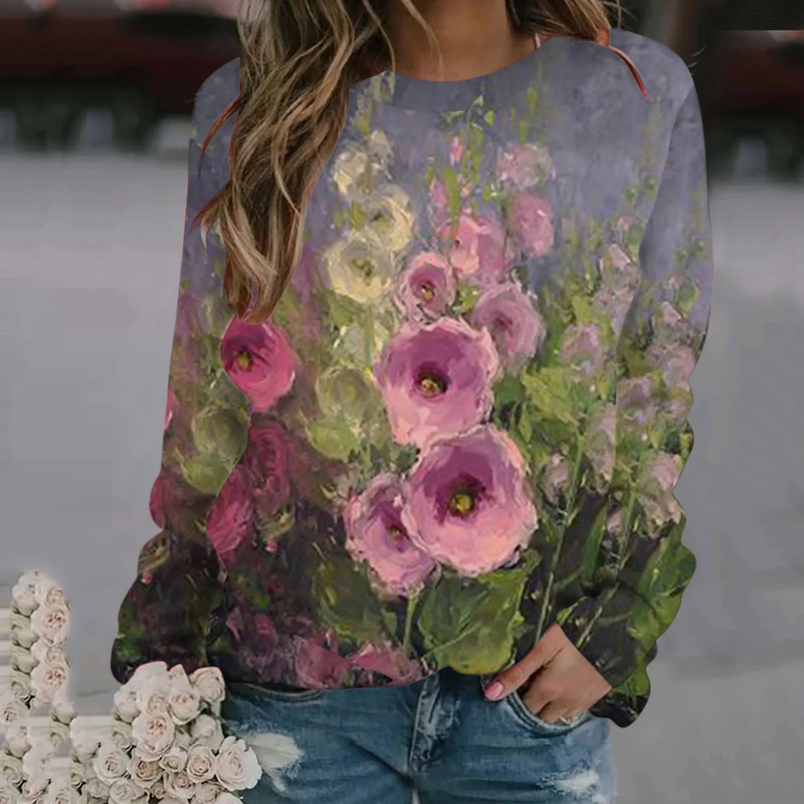 

Aesthetic Flower Printed T-Shirts For Womens Casual Crewneck Colorful Printing Loose Tops 2022 Spring Clothes Ropa Mujer A40