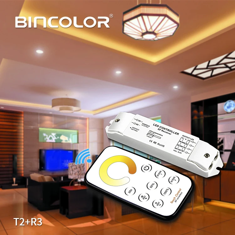 

Bincolor T2+R3 Led Dimmer Receiver Controller With Mini RF Wireless Remote Led CCT For LED Strip Light,DC12V-24V