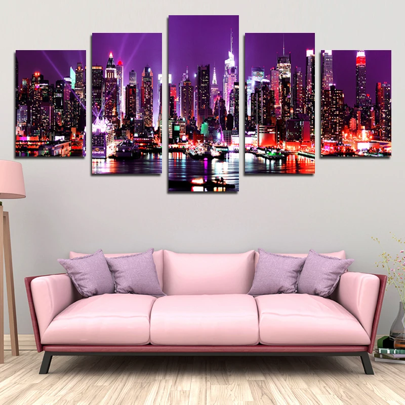 

Canvas Painting 5pcs Home Decor Urban Night Scene Bustling Light Modern Fashionable Building For Living Room Wall Art No Frame