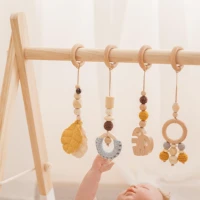 lets make 4pcset baby teething wooden crochet beads newborn comfort toy stroller accessories beech wood leaves pendant