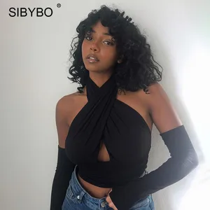 Женский топ с бретельками Sibybo, черный топ на бретельках с лямкой на шее, Повседневная Уличная одежда на весну и осень