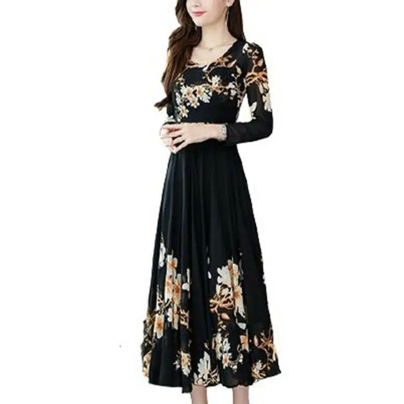 

Женское платье нерегулярные Цветочный принт длинный, вырез лодочкой, длинный рукав, тонкий повседневные макси платья женская одежда платье...