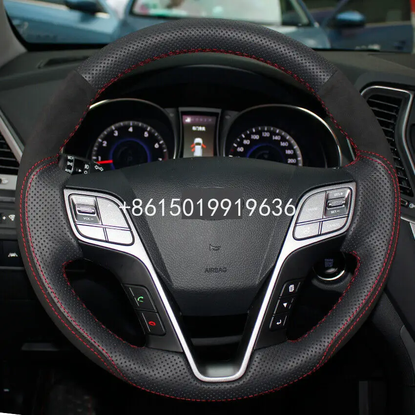 

Black Leather Suede Hand-stitched Car Steering Wheel Cover for Hyundai Santa Fe 2013-15 IX45