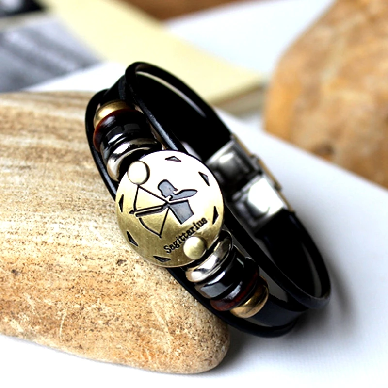 Мужской браслет в стиле панк из натуральной кожи с 12 созвездиями|Браслеты