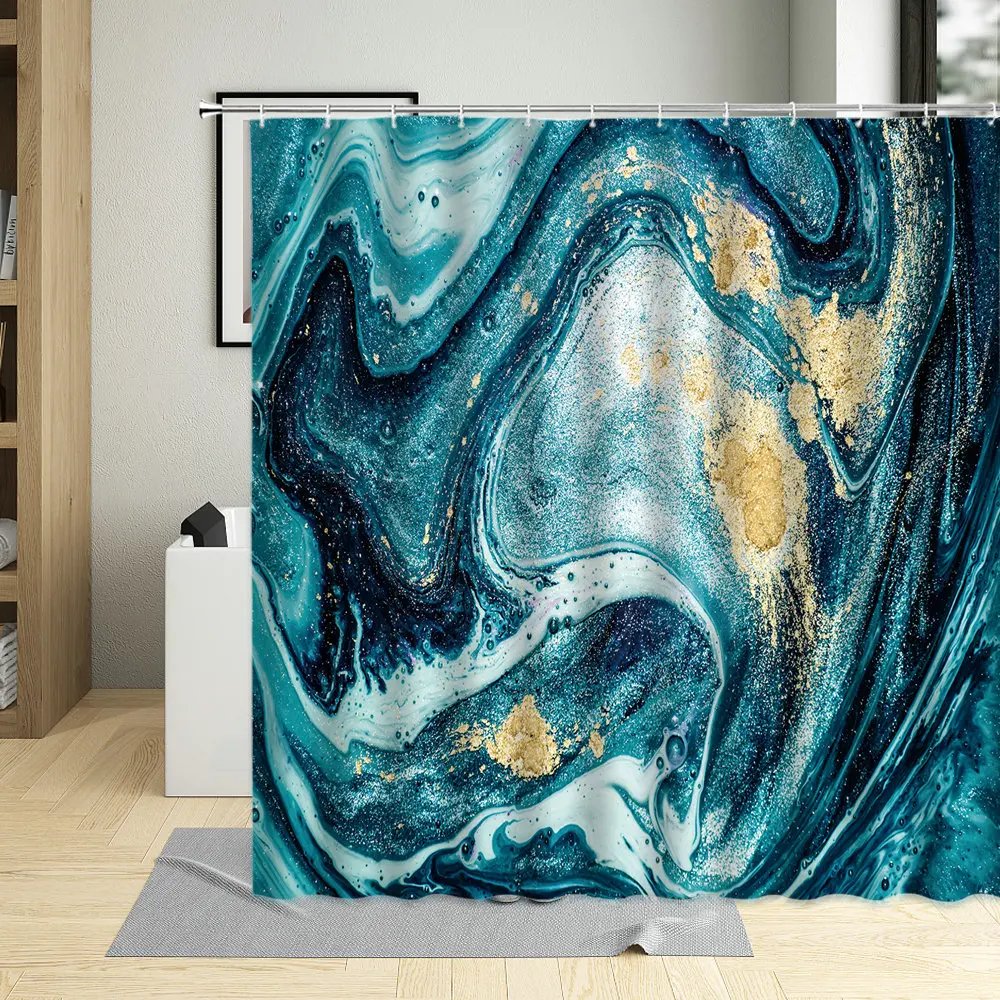 

Abstract Striped Shower Curtain Ink Paint Liquid Marble Texture Luxury Blue Line Bathroom Curtain Waterproof Art Decor With Hook