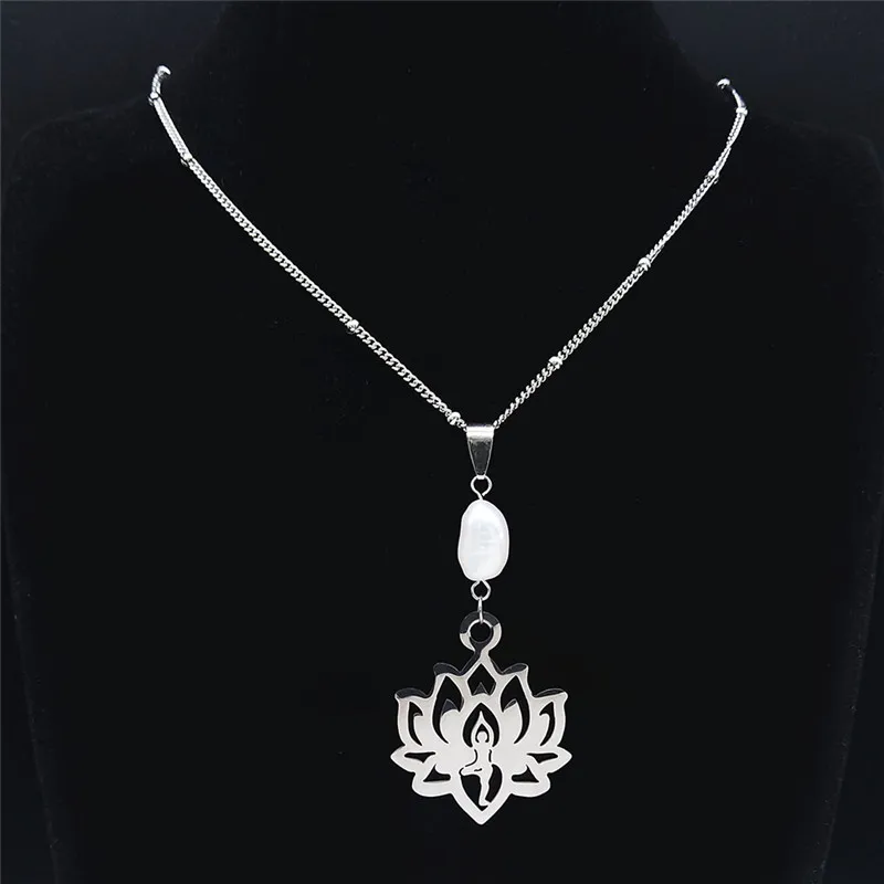 

2022 Bohemia Yoga Lotus Freshwater Pearls Stainless Steel Necklaces Pendants Women/Men Silver Jewelry collier boheme NXS04