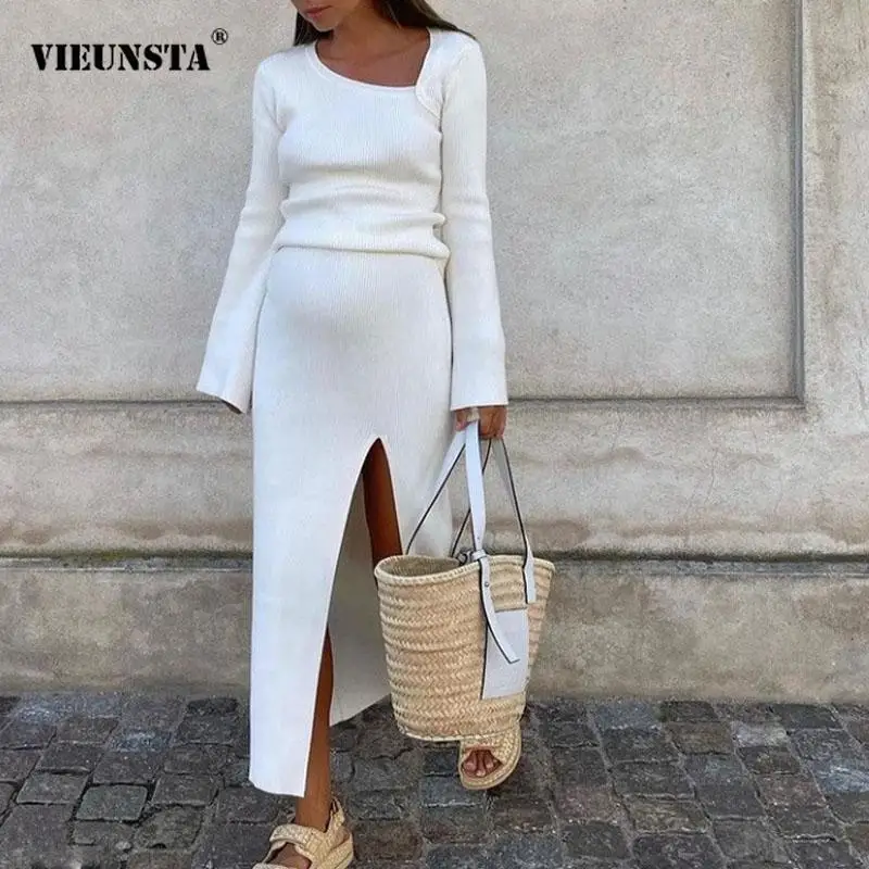 

2021 Elegant Fashion Ribbed Women Square Neck Skirts Suits Side Slit Knit Long Flare Sleeve Tops + Solid Skirt Streetwear Mujer