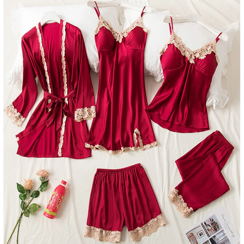 

Women Pajamas 5PCS Pajamas Sets Satin Sleepwear Pijama Silk Home Wear Clothing Sexy Lace Sleep Lounge Pyjamas with Chest Pads