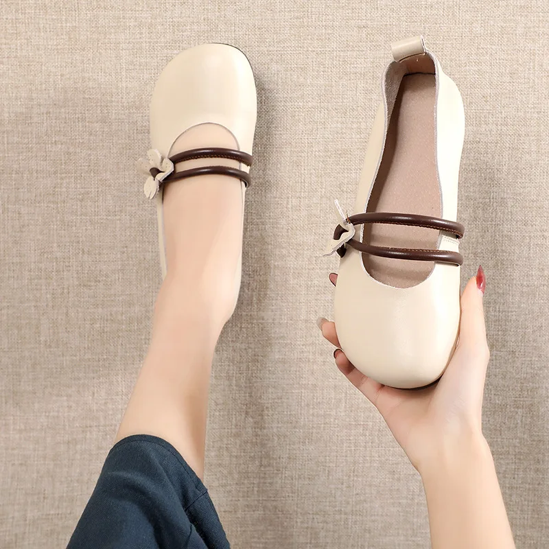 

Spring New Style Handmade Flower Flat-heeled Soft-soled Women's Leather Shoes and Cow Leather Women's Single Shoes