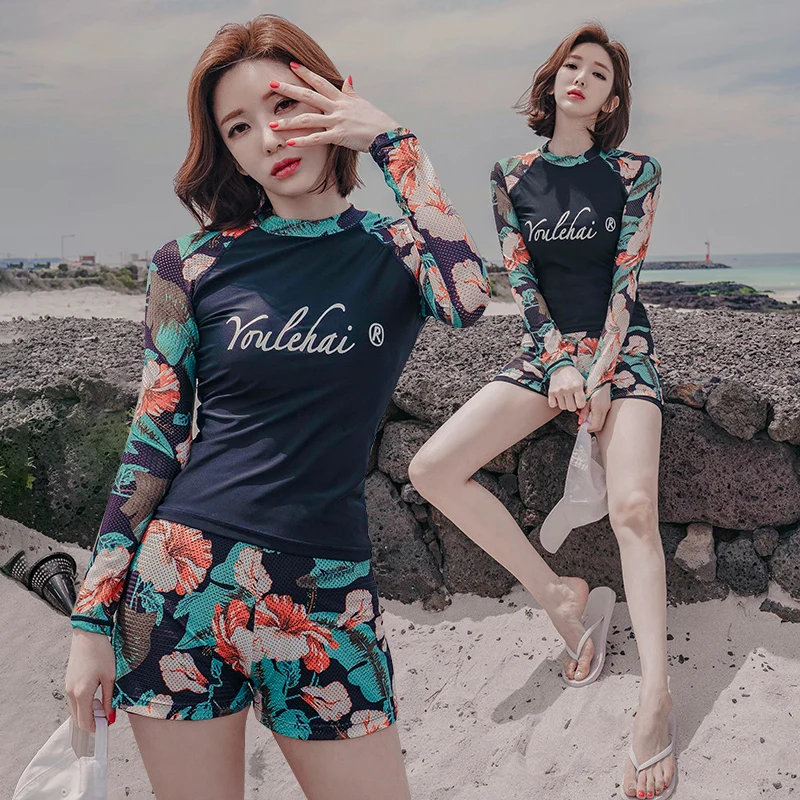 Женский купальник с длинным рукавом и принтом 2 шт./компл.|Комбинезоны| |