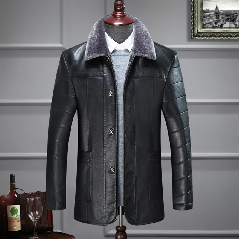 Фото Мужская зимняя длинная авиаторская куртка черно-коричневое шерстяное пальто из