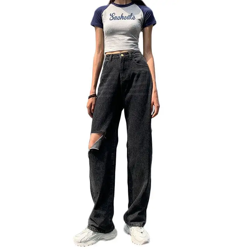 

Smoke grey high waist knee pierced jeans women's straight tube loose and thin