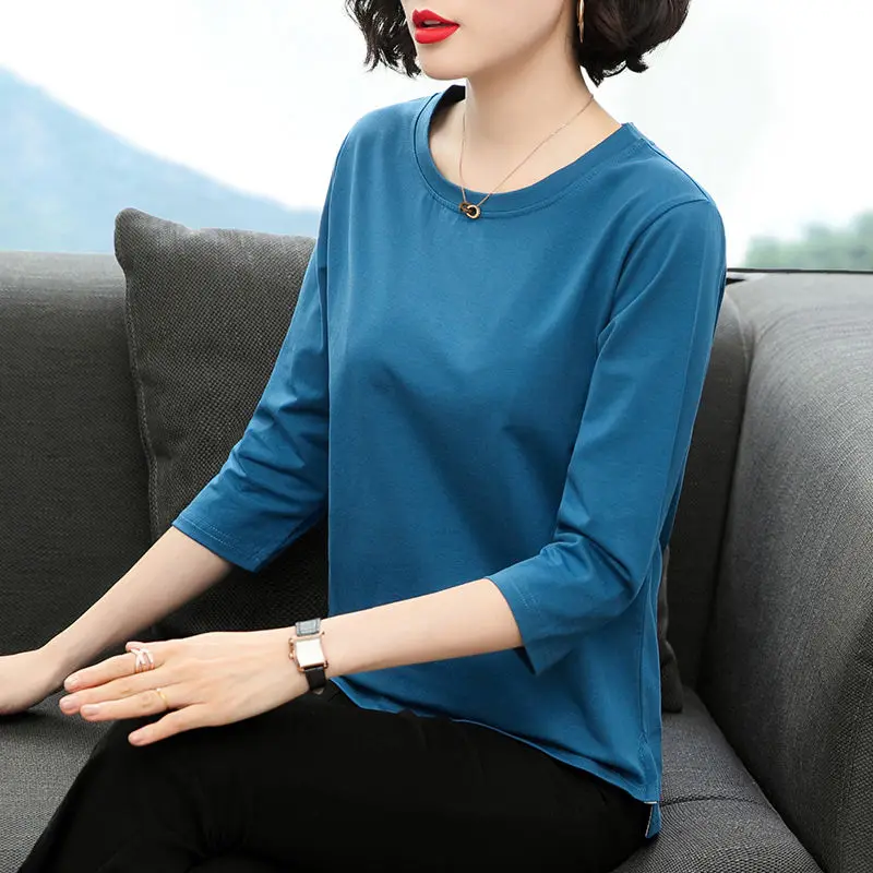 Cotton 2020 spring new small shirt fashion loose solid color seven sleeve T-shirt middle top | Женская одежда