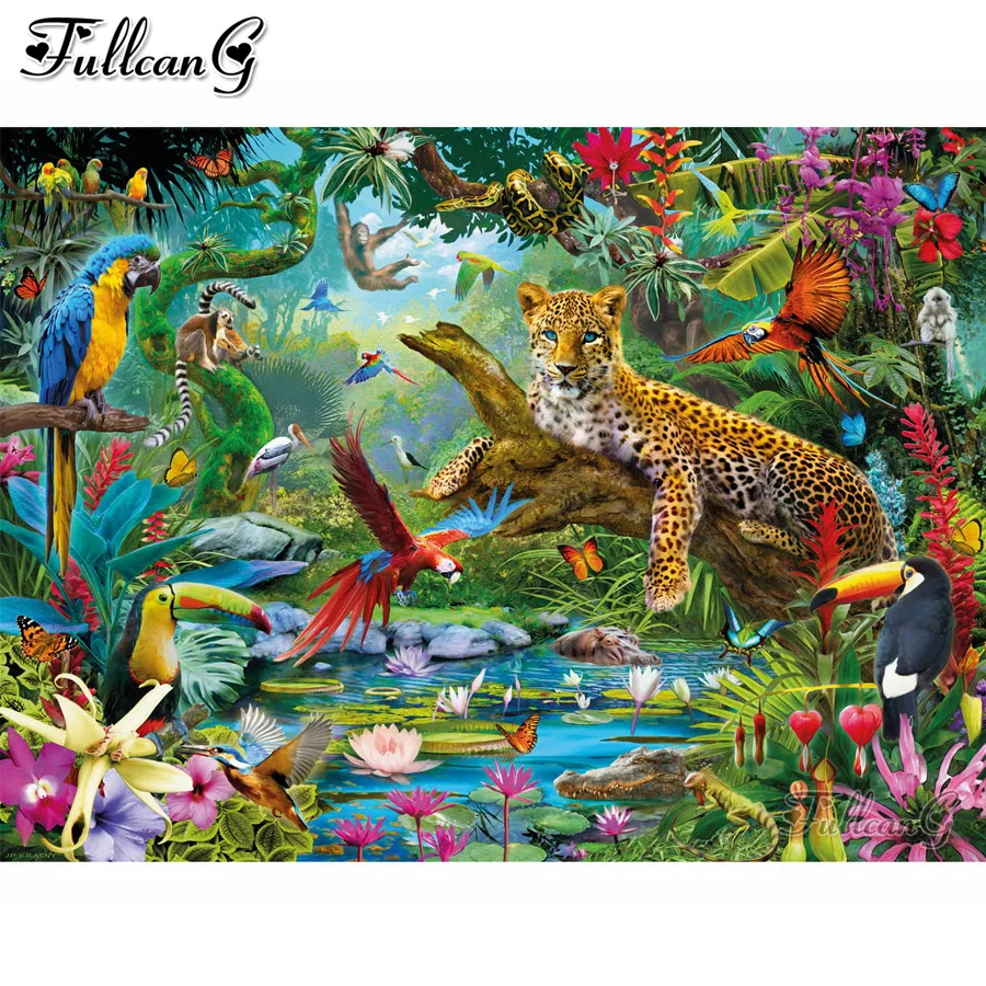 

FULLCANG Leopard parrot forest animals diy diamond painting cross stitch full rhinestone embroidery kits decoration FG0260