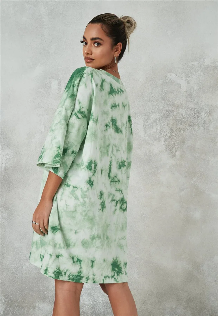

Women O Neck Leisure Half Sleeve Mini Dresses New Summer T Shirt Dress Vintage Tie-dye Printing Loose Dress Plus Size Clothing