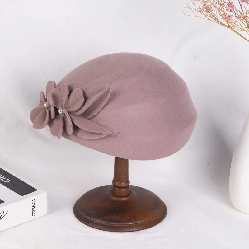 Леди Модная Шляпа Стюардессы Шик Художника Вечеринки Новая Федора Шапка Дамы 100% Австралийская Шерсть Фетра Цветочно-Жемчужный Берет ZZ-442 on.