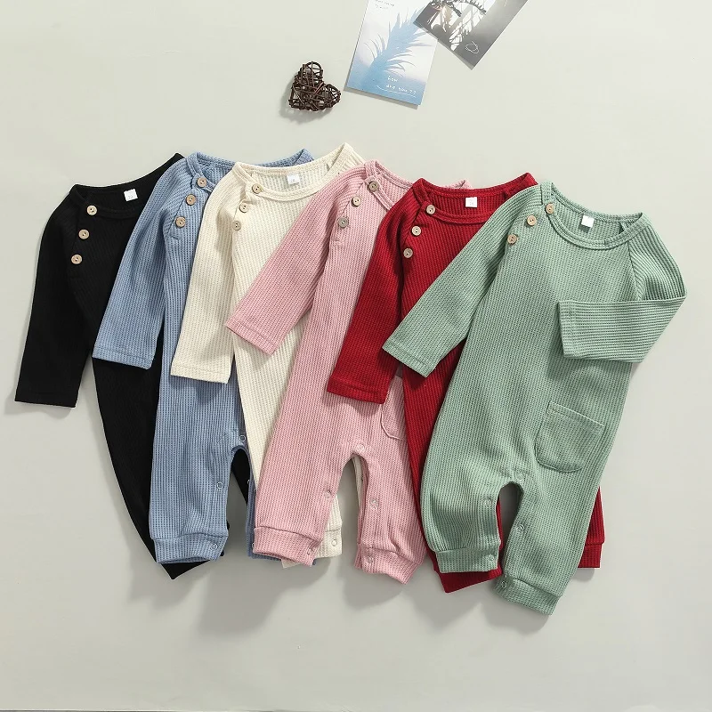 

Newborn Baby Girl Boy Jumpsuit Infant Long Sleeve Crew Neck Solid Color Waffle Romper with Pocket Bodysuits