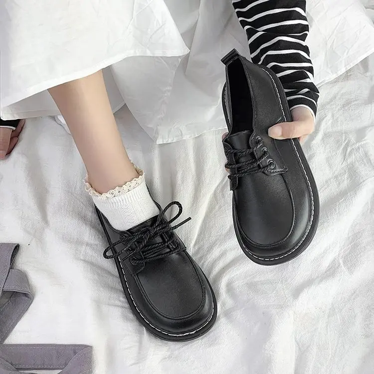 

Flat Black Shoes For Women Oxfords Round Toe Autumn Casual Female Sneakers Low Heels Ladies' Footwear British Style Leather Fall