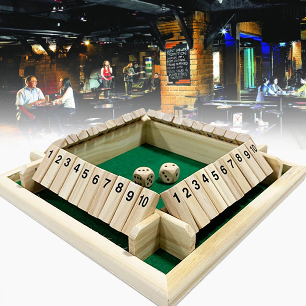 

Shut The Box Dice Board Game 4 Sided Wooden Flaps & Dices Game Set for 4 People Pub Bar Party Supplies Family Fun Game