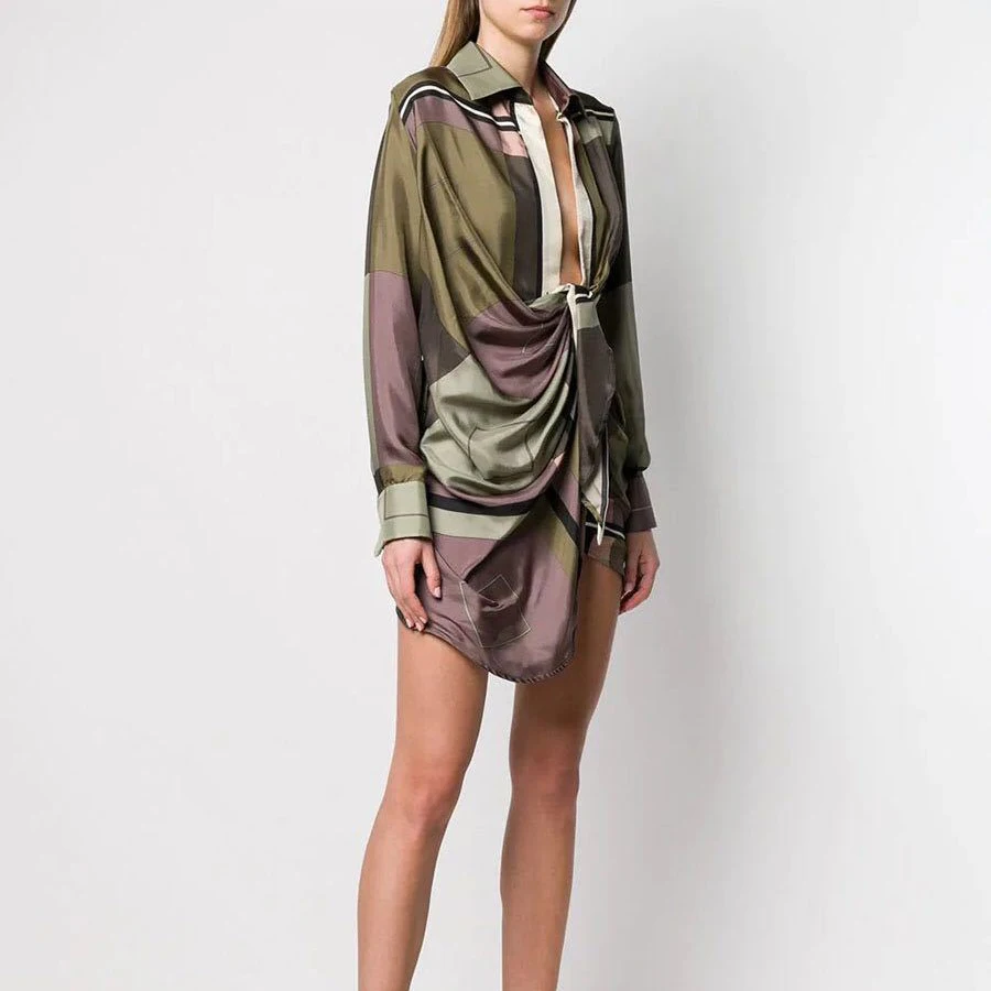 Осень Глубокий цвет геометрический текстильный принт индивидуальность Женская блузка глубокий v-образный вырез крест-накрест Топ отложной воротник Длинная рубашка