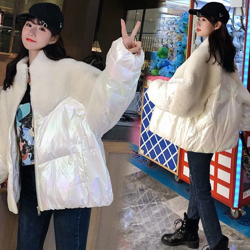 Светоотражающие цвета металлик Глянцевая зимняя куртка для женщин из