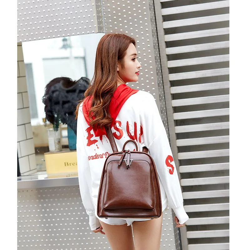 Женский рюкзак школьная сумка для девочки подростка масло воск кожа молния