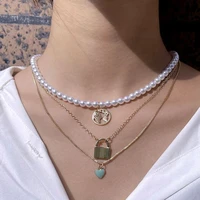 multilayer mini world map heart pendant pearls bead necklace for women trendy charms golden clavicle chain necklaces y2k jewelry