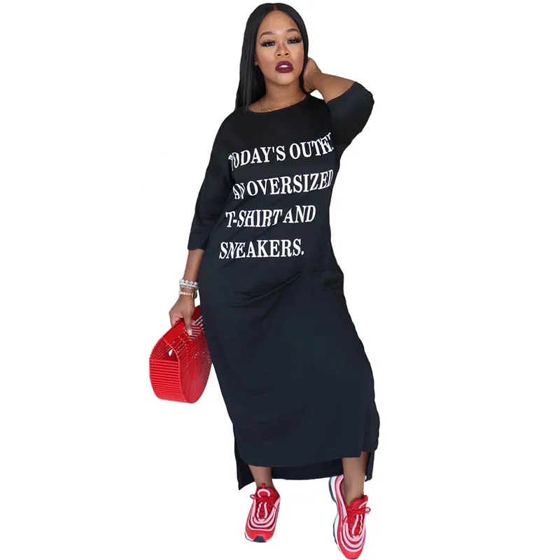 

Irregular Maxi Dress Print Women 's Casual Women Summer Polyester O-neck Straight Natural Mid-calf Regular Letter Three Quarter