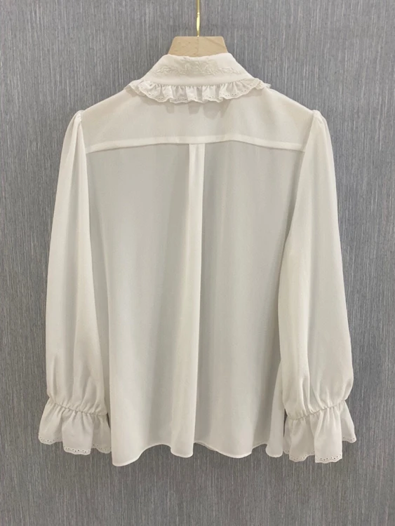 

2020 autumn and winter new women's embroidery flower lapel stripe decoration long-sleeved solid color all-match shirt