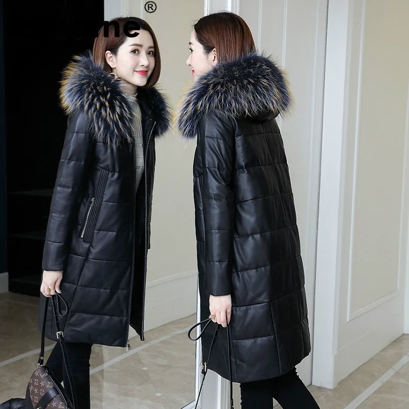 Пальто из овечьей кожи с воротником меха енота куртка натуральной осенне зимнее