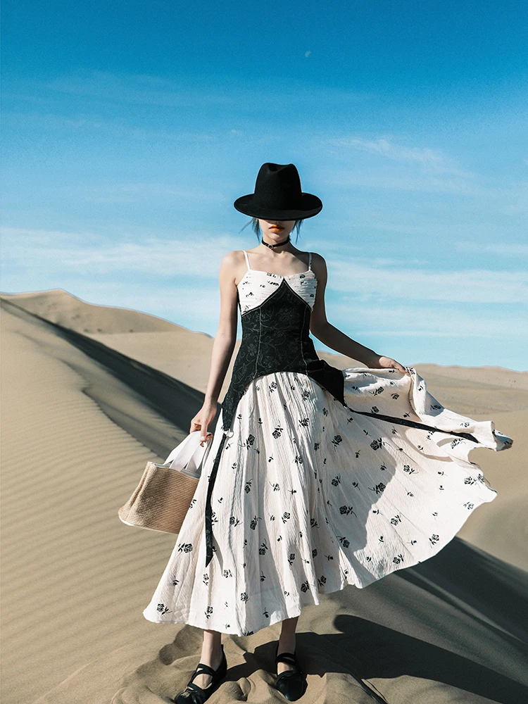 

IRINAMS075 Spring Summer 2021 Original Design New Arrivals Spaghetti Straps Long Vintage Black Patchwork Floral Dress Women