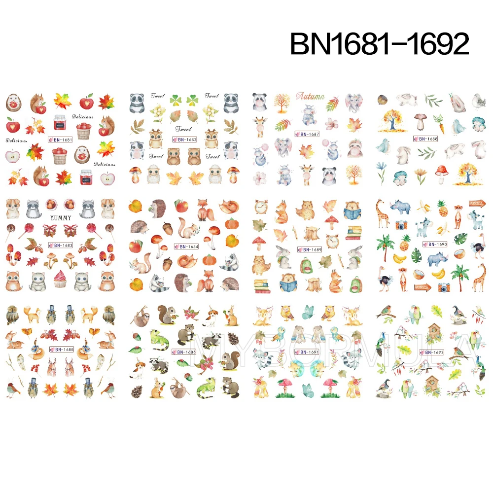 

12 styles Autumn Designs Water Nail Stickers Yellow Maple Leaf squirrel Water Decals Sliders for Manicure Adhesive Tattoos Tips